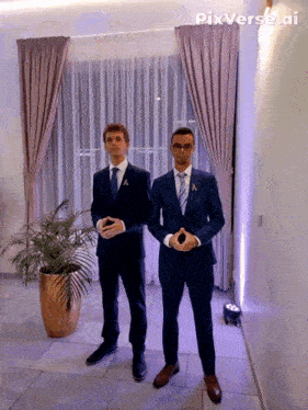 two men in suits are standing next to each other in a room with purple curtains and the words pixverse.ai above them