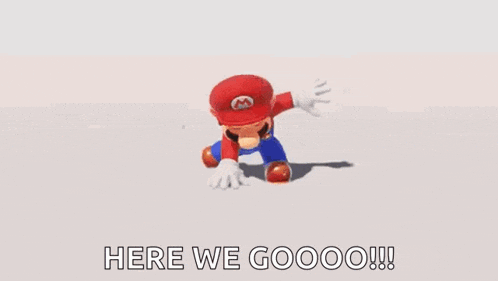 mario is wearing a red hat and white gloves and says `` here we goooo ! ''