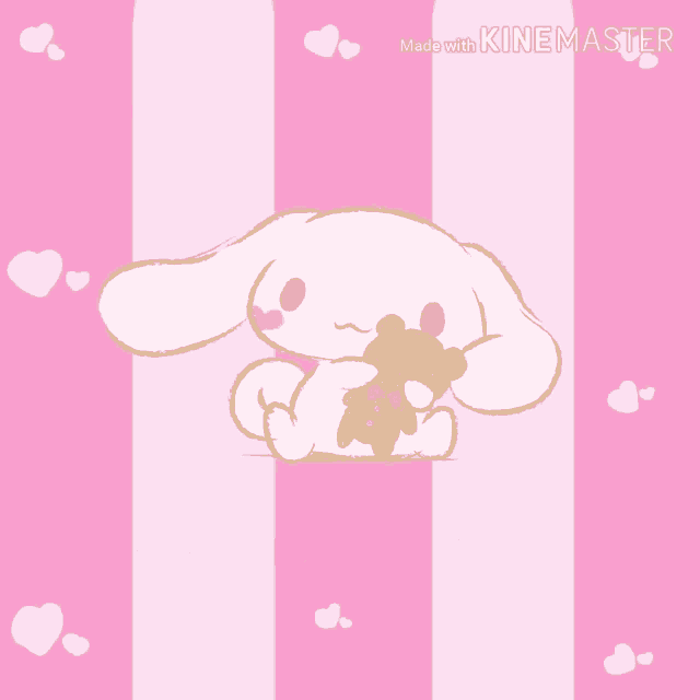 a drawing of cinnamoroll holding a teddy bear on a pink striped background