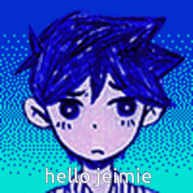 a pixel art drawing of a boy with blue hair saying hello jeimie .