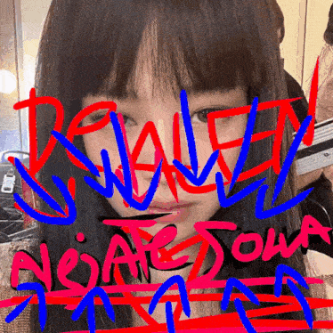 a drawing of a woman 's face with the words " between " written in red and blue on it