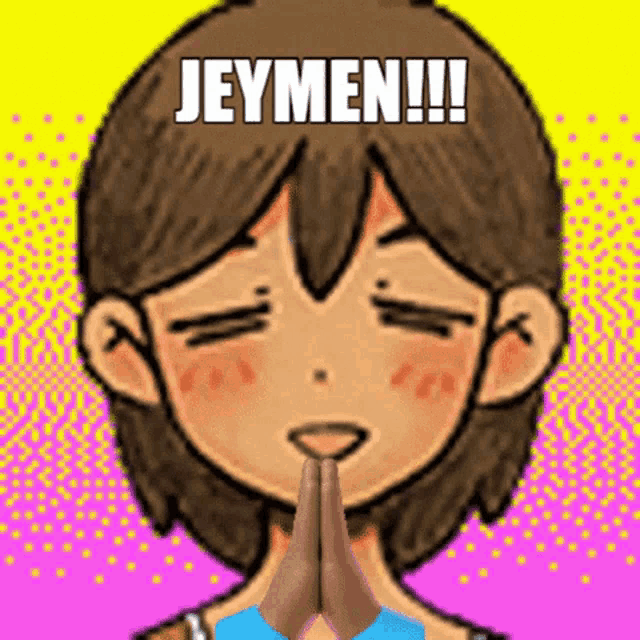 a cartoon girl is praying with her hands folded in front of her face and the words jeymen !!! above her head .