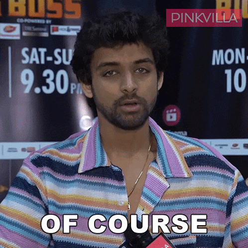 a man wearing a striped shirt says " of course "