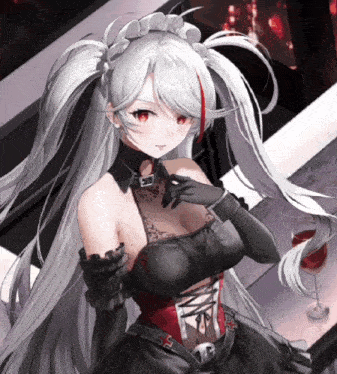 a girl with long white hair and red eyes is wearing a maid outfit