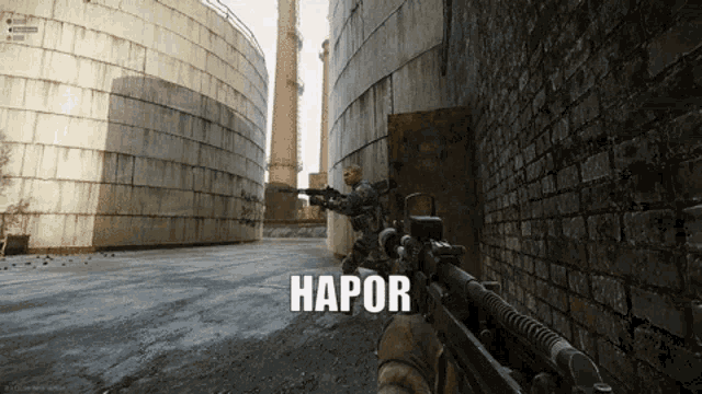 a video game screen shows a man holding a rifle with the word hapor on the bottom