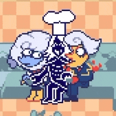 a pixel art drawing of a couple of people standing next to each other with a chef 's hat .