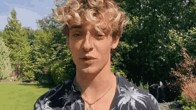 a young man with curly blonde hair is wearing a necklace and a shirt with palm trees on it