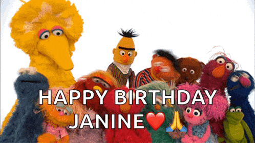 a group of sesame street characters standing next to each other with the words happy birthday janine written on the bottom