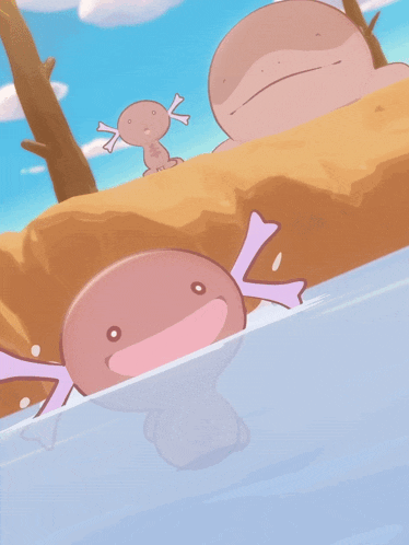 a cartoon drawing of two axolotls swimming in a body of water