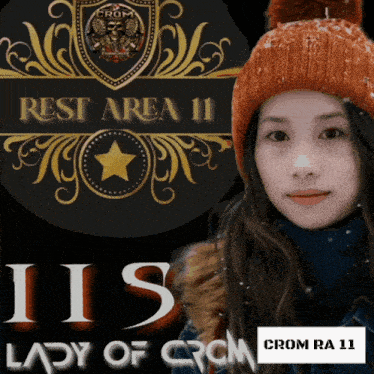 a woman wearing a knitted hat and scarf stands in front of a rest area 11 logo