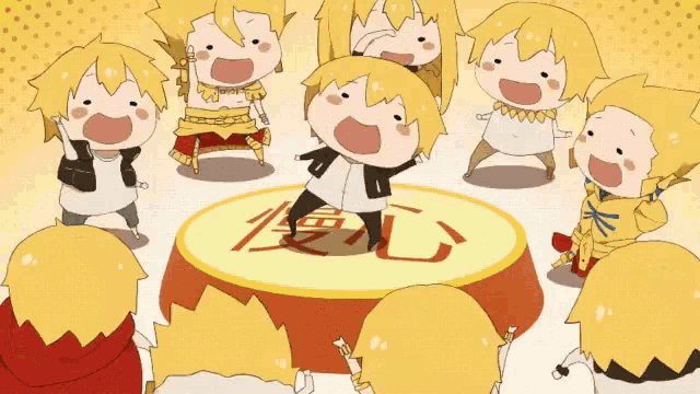 a group of cartoon characters are standing around a table with a circle in the middle that says zeus on it .