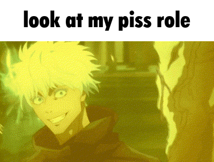 a picture of a man with yellow hair and the words `` look at my piss role ''