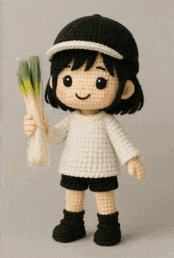 a knitted doll wearing a white sweater and black shorts holds a bunch of green onions