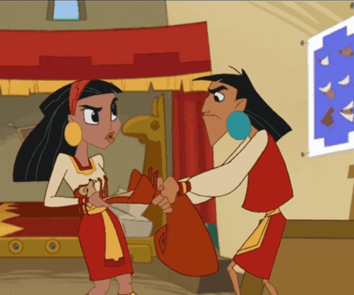 a cartoon of a man and a woman holding a bag with the letter b on it