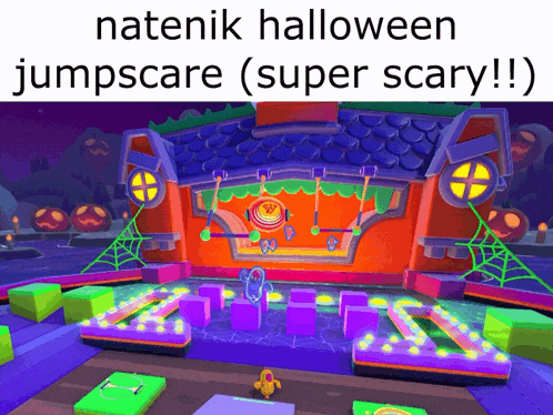 a screenshot of a video game with the words natenik halloween jumpscare super scary