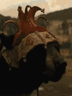 a close up of a bear wearing a jester 's hat .