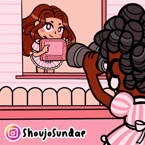 a cartoon of a girl taking a picture of herself with the name shoujo sundae on the bottom