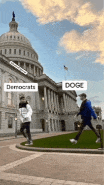 a couple of people walking in front of a building with democrats and doge written on them