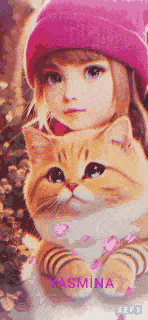 a girl in a pink hat is holding a cat on her shoulders .
