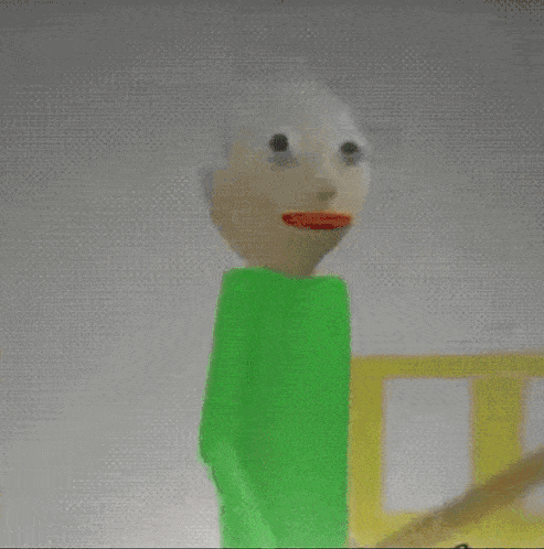 a cartoon character with big eyes and a red mouth is wearing a green shirt and making a funny face .