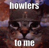a cat wearing a military hat with the words howlers to me written on it .