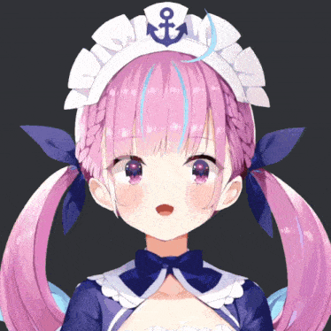 a girl with pink hair is wearing a maid outfit with an anchor on it