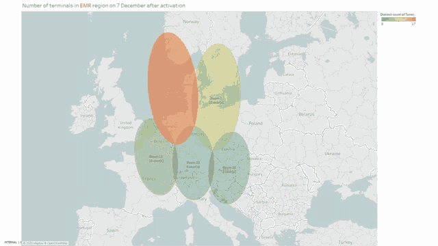 a map of europe showing the number of terminals in each region