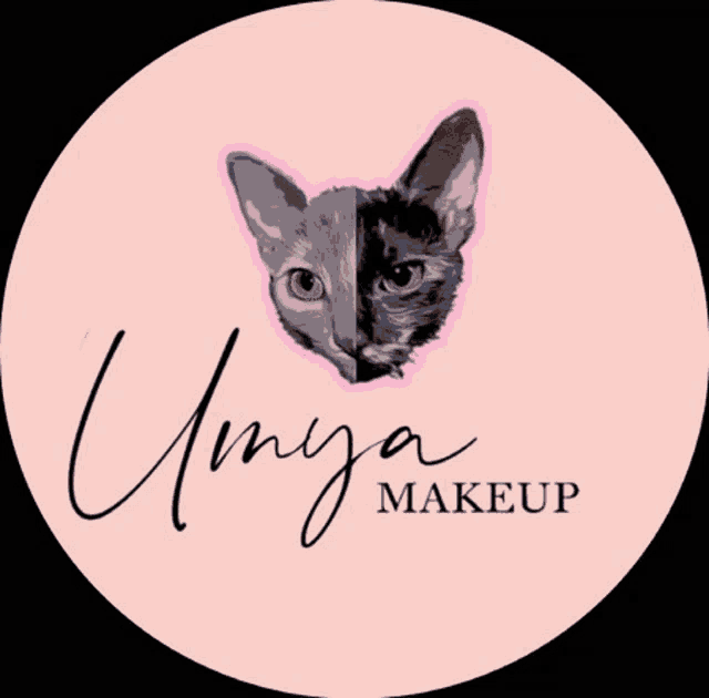 a logo for umya makeup has a half black half white cat on it