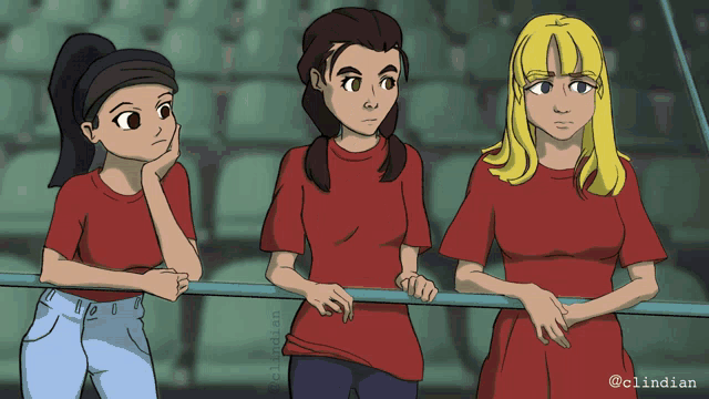 three girls in red shirts are standing next to each other with the watermark @clindian