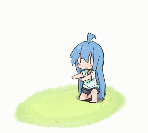 a drawing of a girl with blue hair kneeling in the grass