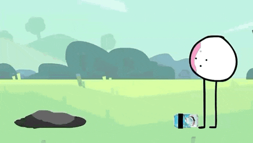 a cartoon character with a square face is smiling in a field