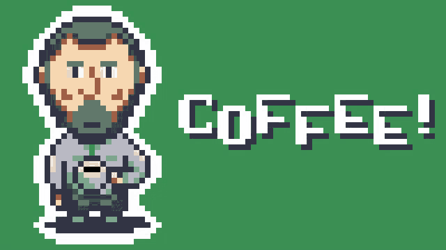 a pixel art drawing of a man holding a cup of coffee and the words coffee below him