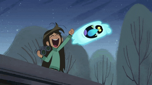 a cartoon of a girl and a ghost with a big mouth
