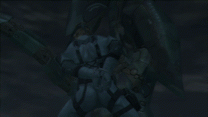 a person in a gas mask is standing in a dark room .