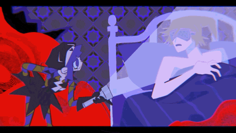 a cartoon drawing of a man standing next to a woman in bed