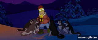 a cartoon of homer simpson being attacked by a group of wolves
