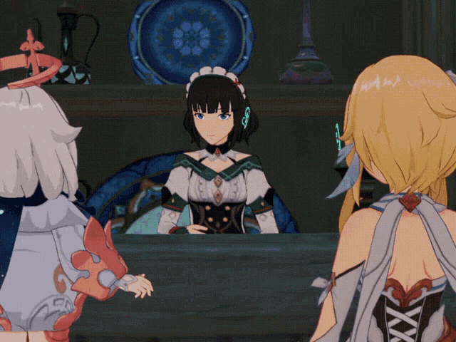 a girl in a maid outfit is standing next to another girl