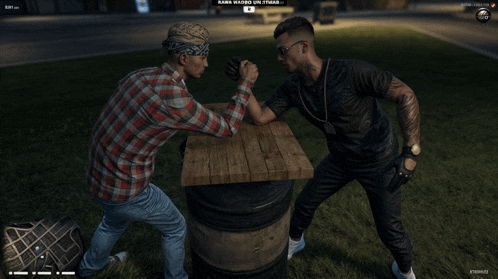 two men arm wrestling in a video game with a screen that says bank raided on