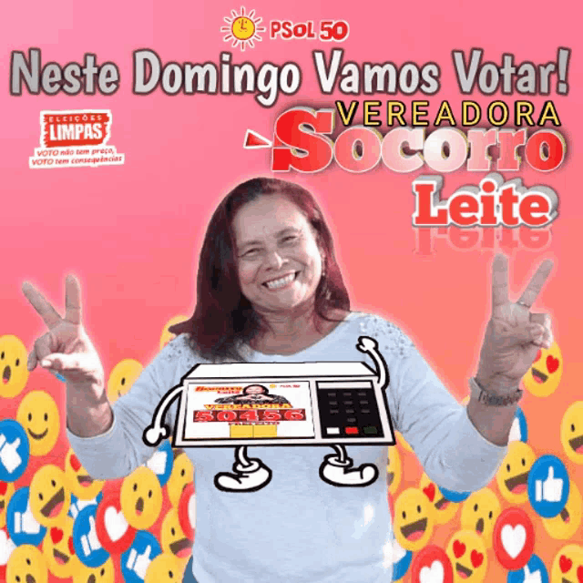 a poster for neste domingo vamos votar veradora socorro leite shows a woman giving a peace sign
