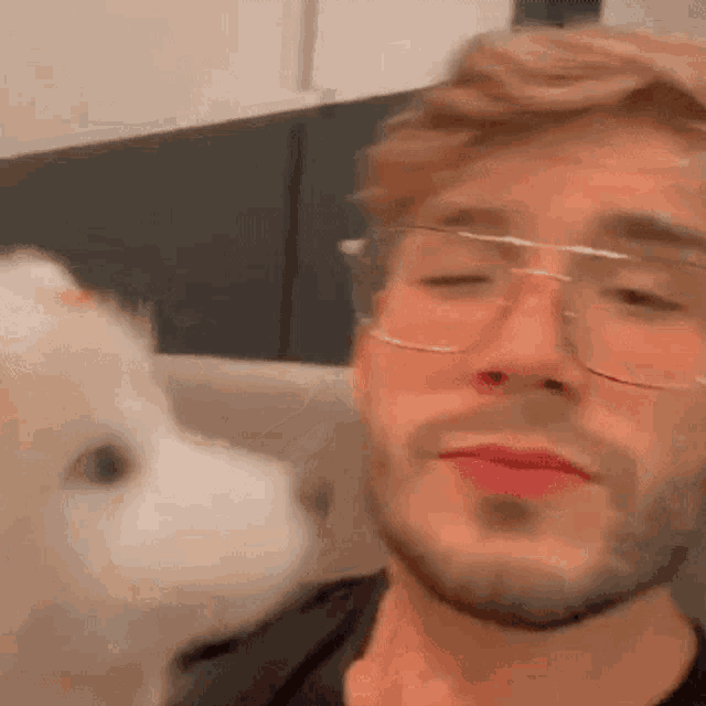 a man wearing glasses and a beard is looking at a dog .