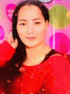 a woman in a red sweater is standing in front of a pink background