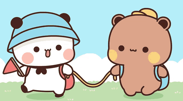 a cartoon of two bears holding hands and one bear is wearing a blue hat