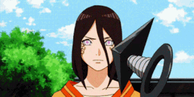 a girl with purple eyes is holding a sword with a drill on it .