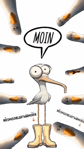 a cartoon of a bird with a speech bubble that says " moin "