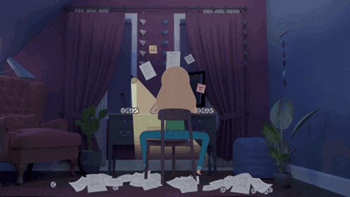 a cartoon of a girl sitting at a desk with a bunch of sticky notes on the wall