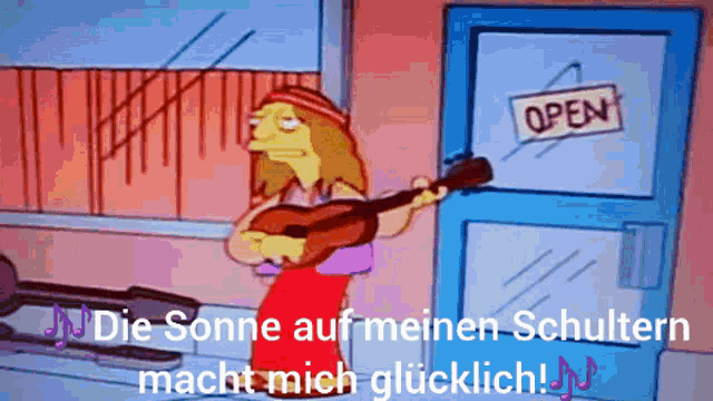a cartoon character playing a guitar in front of a door that says open