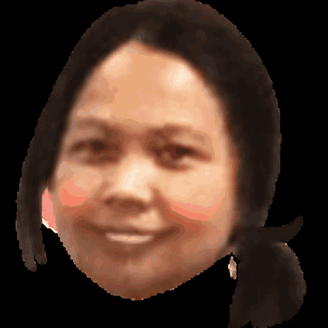 a close up of a woman 's face with a ponytail on a black background