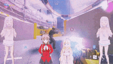 a screenshot of a video game shows a girl in a red skirt and a girl in a white dress