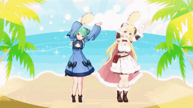 two anime girls are dancing on a beach holding tambourine