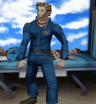 a man in a blue jumpsuit is standing in front of a hospital bed with a person laying on it